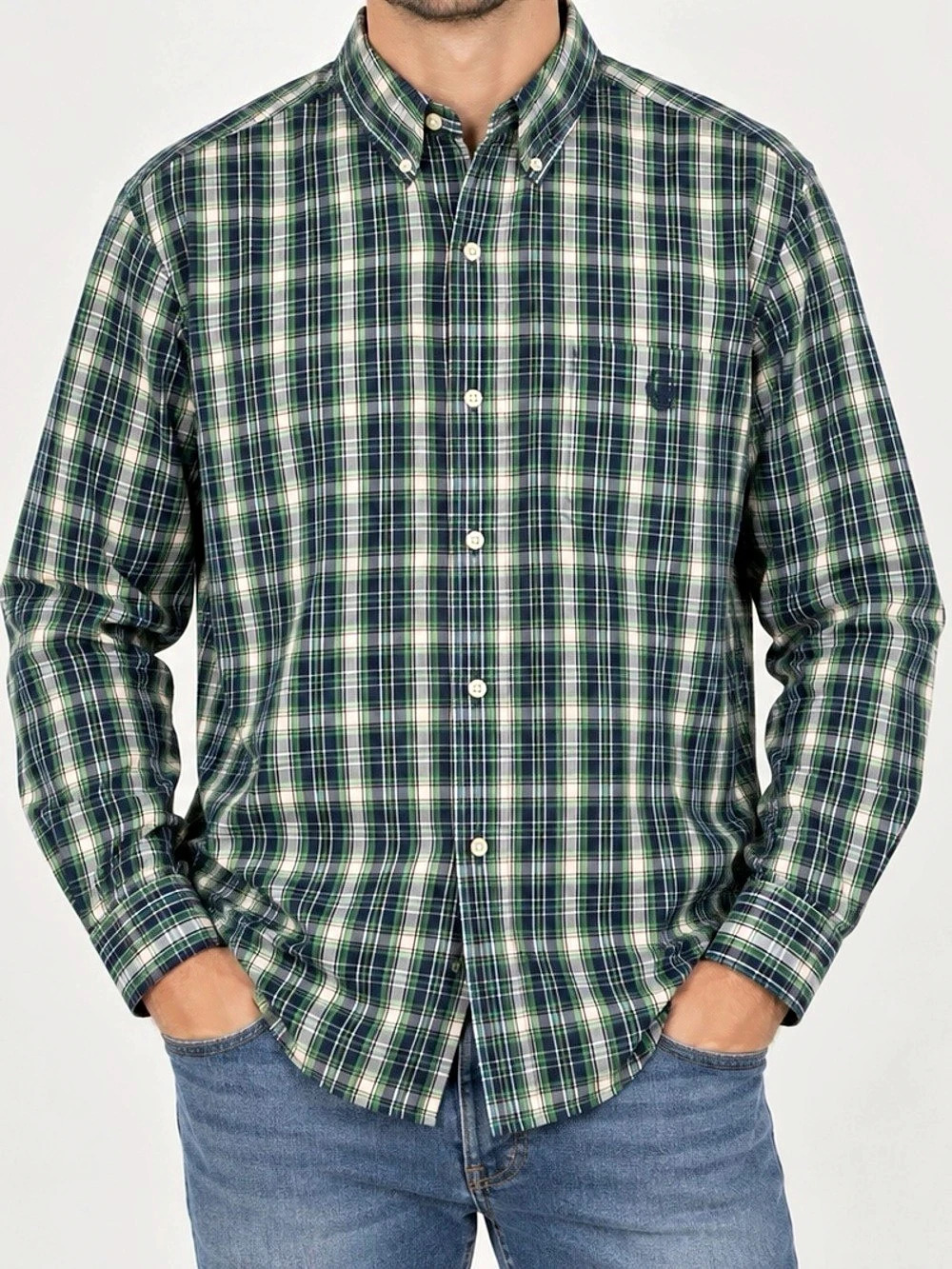 🤠❤️‍🔥 Chaps Easy Care Long Sleeve Plaid Woven Shirt Green & Blue XL